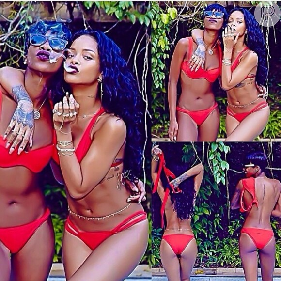 Rihanna e amiga posam juntas com biquínis parecidos, em 23 de janeiro de 2014