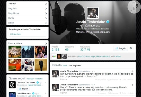 Pelo Twitter, Justin Timberlake anunciu o adiamento da apresentação: 'Eu sinto muito mesmo por todos que têm ingressos para esta noite. Me mata fazer isso. Espero ver todos vocês na sexta-feira'
