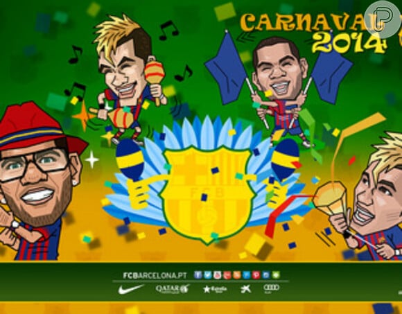 O site oficial do Barcelona fez uma homenagem ao carnaval brasileiro com uma charge com os jogadores Neymar, Daniel Alves e Adriano