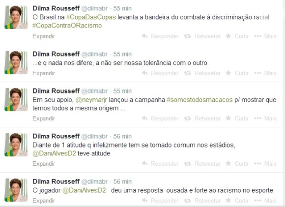 A presidente Dilma Rousseff afirmou em sua conta no Twitter que Daniel Alves deu resposta 'ousada' ao comer a banana jogada no campo: 'O jogador deu uma resposta ousada e forte ao racismo no esporte. Diante de uma atitude que infelizmente tem se tornado comum nos estádios, @DaniAlvesD2 teve atitude'