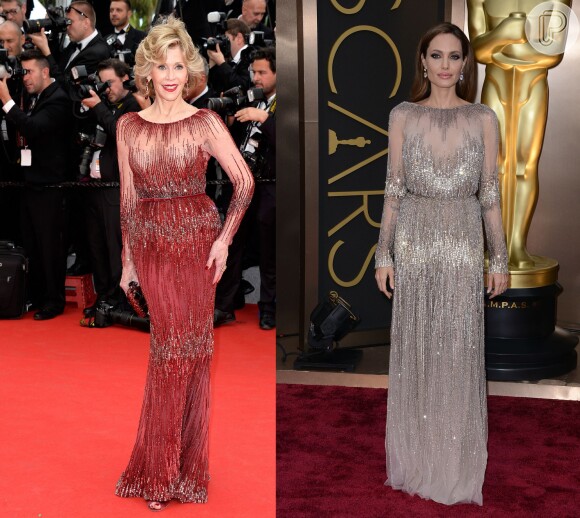 Jane Fonda, de 76 anos, usa o mesmo vestido no Festival de Cannes 2014 que Angelina Jolie escolheu para o Oscar deste ano, em 14 de maio de 2014
