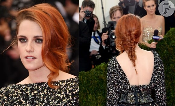 Kristen Stewart adora mudar a cor dos cabelos e os penteados. Com este look a atriz apostou em uma trança espinha de peixe com franja solta