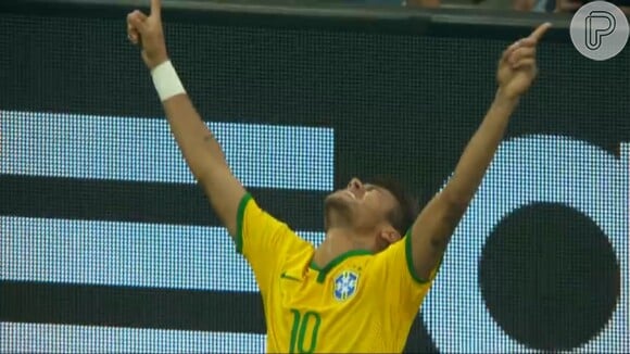 Neymar comemora primeiro gol na Copa do Mundo em jogo contra a Croácia, no dia 12 de junho de 2014