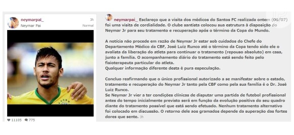 Pai de Neymar esclarece: 'Nenhum tratamento alternativo foi colocado em discussão. O retorno dele aos gramados depende da superação das fortes dores que sente'