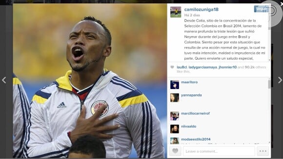 Camilo Zúñiga não recebeu cartão amarelo durante o jogo contra o Brasil