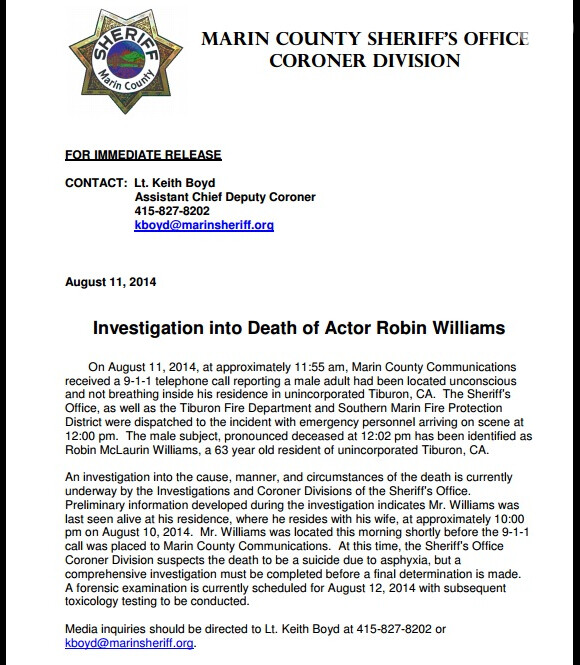 Comunicado da polícia do Condado de Marin confirma morte de Robin Williams