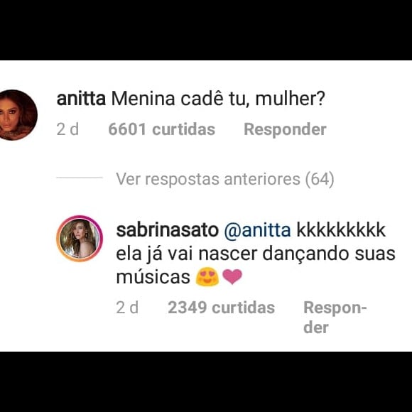 Sabrina Sato responde Anitta sobre demora da filha, Zoe