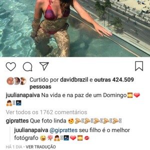 Mãe de Nicolas Prattes elogia foto de Juliana Paiva feita por ator: 'Linda'