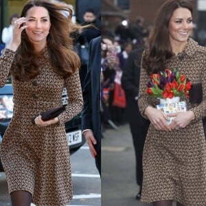 O vestido Orla Kiely e as botas de camurça Aquatalia foram usados por Kate Middleton em duas ocasiões diferentes