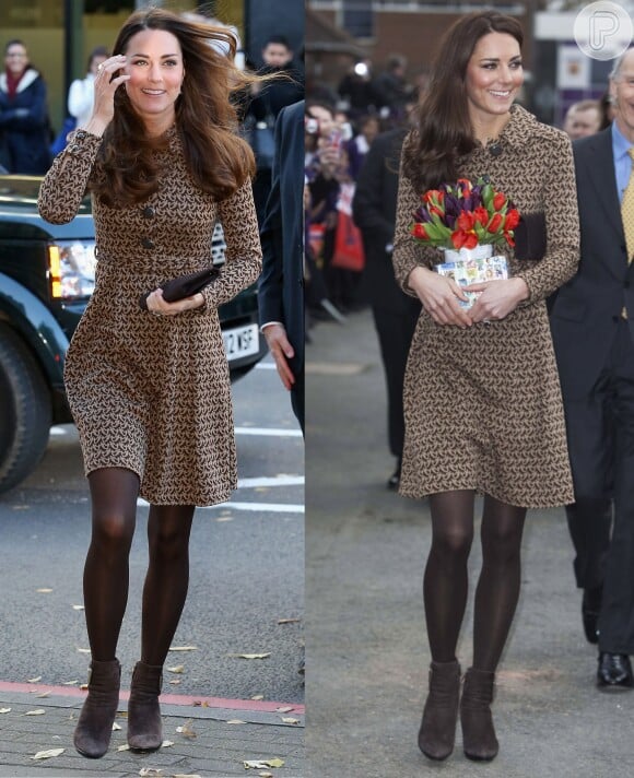 O vestido Orla Kiely e as botas de camurça Aquatalia foram usados por Kate Middleton em duas ocasiões diferentes