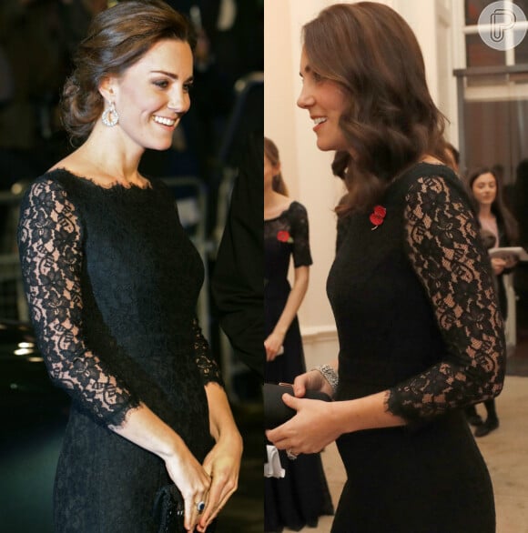Kate Middleton apostou no vestido de renda da assinado pela estilista Diane Von Furstenberg em um evento em homenagem ao Centro Nacional de Crianças e Famílias de Anna Freud, em janeiro de 2018, e durante a gravidez da filha, Charlotte, em 2014