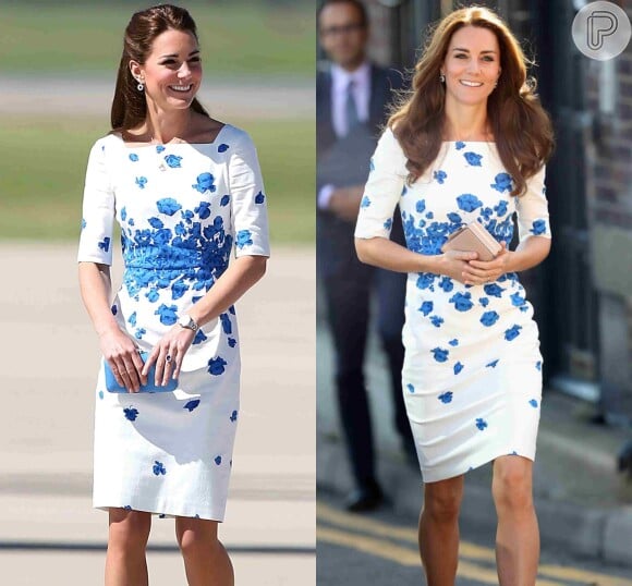 O vestido LK Bennett, com flores azuis desenhadas, foi aposta de Kate Middleton em agosto de 2016. O mesmo modelo foi usado pela duquesa em uma visita à Austrália em 2014