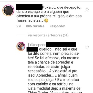 Juliana Paes responde internauta sobre crítica a Paula