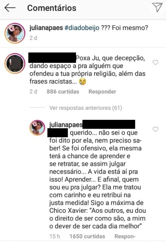 Juliana Paes responde internauta sobre crítica a Paula