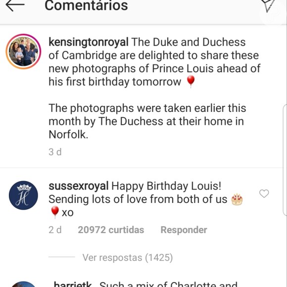 O Palácio de Sussex comentou na foto de Louis: 'Feliz aniversário, Louis! Te enviamos muito amor, de nós dois xo'