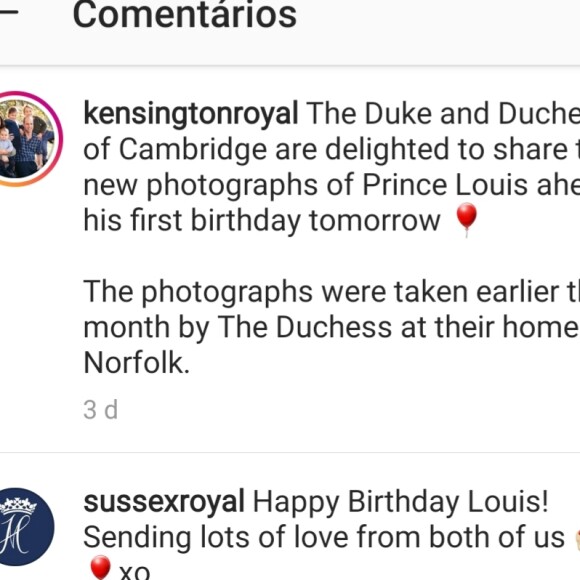O Palácio de Sussex comentou na foto de Louis: 'Feliz aniversário, Louis! Te enviamos muito amor, de nós dois xo'