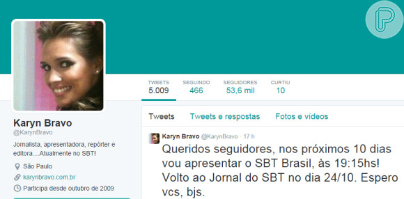 Rachel Sheherazade cede lugar a Karyn Bravo no 'SBT Brasil'. Jornalista publicou mensagem no Twitter