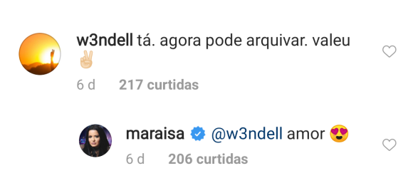 Wendell Vieira comentou foto de Maraisa no Instagram