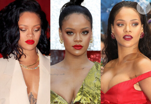 Batom vermelho: Rihanna usando três tons diferentes da cor