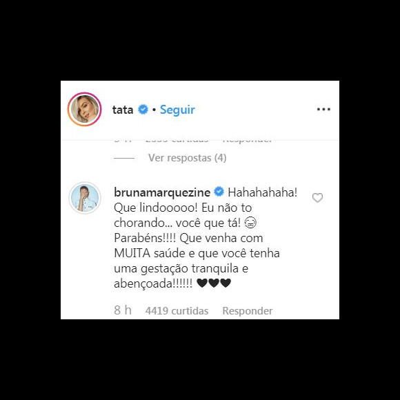 Bruna Marquezine se emocionou com o anúncio da gravidez de Tata Estaniecki