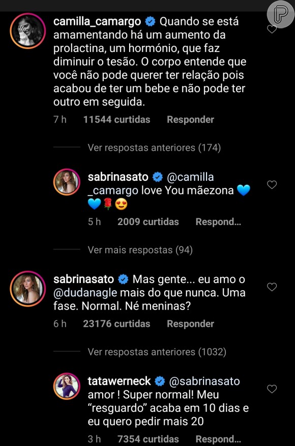 Sabrina Sato recebeu o apoio de Tatá Werneck e Camilla Camargo no Instagram