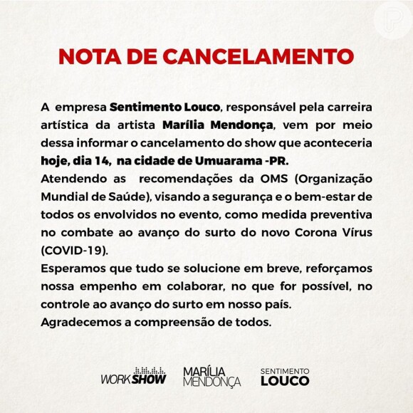 Show de Marília Mendonça foi cancelado