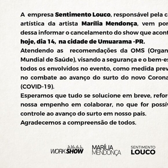 Show de Marília Mendonça foi cancelado