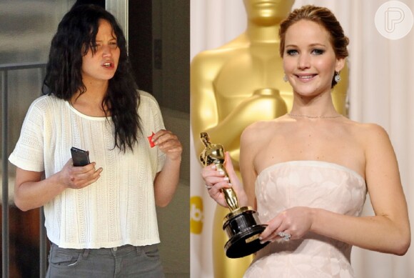 Jennifer Lawrence com sua estatueta, na cerimônia do Oscar, e sem maquiagem e já de cabelo escuro, no Havaí