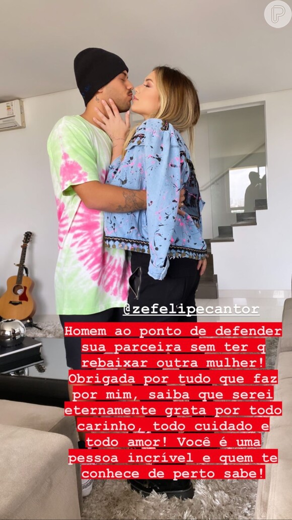 Virgínia Fonseca postou foto beijando o namorado, Zé Felipe, ao agradecer ter sido defendida pelo sertanejo após polêmica com Neymar e Isabella Arantes, ex do cantor