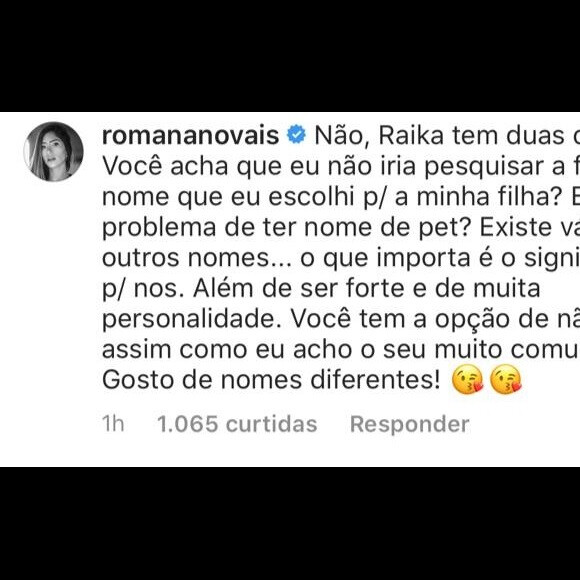 Romana Novais rebate crítica ao nome da filha, Raika