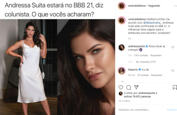 Andressa Suita ironiza suposta ida para o 'BBB21'