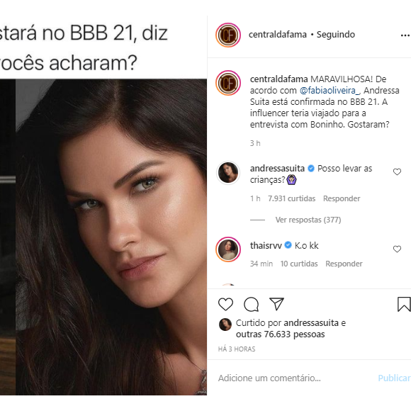 Andressa Suita ironiza suposta ida para o 'BBB21'