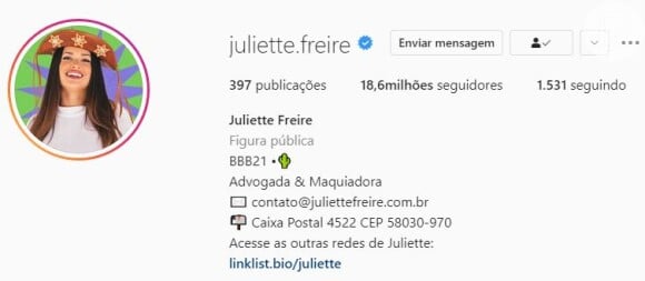 Juliette já é a participante com mais seguidores do 'BBB 21'