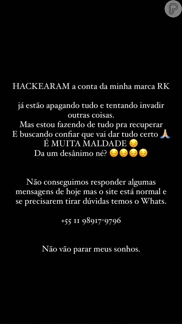 Rafa Kalimann posta desabafo sobre Instagram de marca hackeado