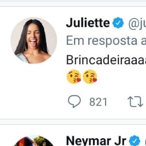 Juliette e Neymar tiveram conversa bem-humorada no Twitter