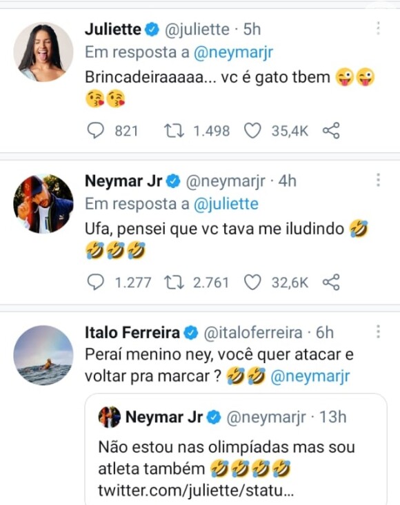 Juliette e Neymar tiveram conversa bem-humorada no Twitter
