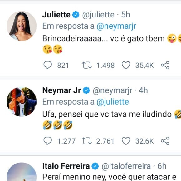 Juliette e Neymar tiveram conversa bem-humorada no Twitter