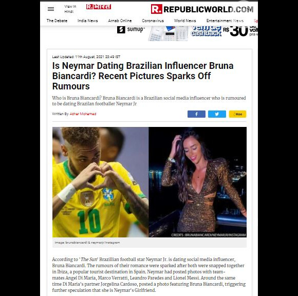 Romance de Neymar com Bruna Biancardi ganha as manchetes no exterior