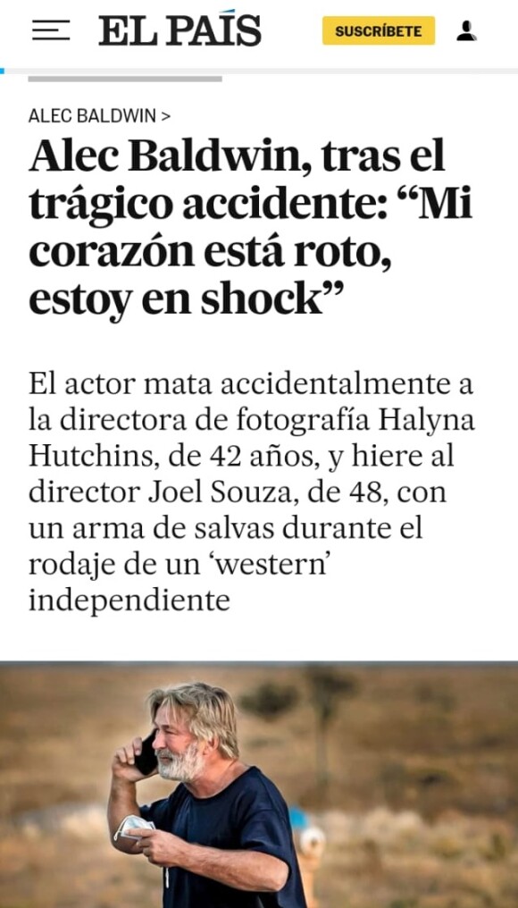 Jornal espanhol 'El País' cita 'homicídio imprudente' ao explicar tiros de Alec Baldwin em set de filmagem