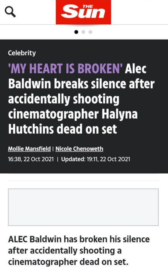 Jornal britânico 'The Sun', destaca silêncio de Baldwin logo após morte de diretora
