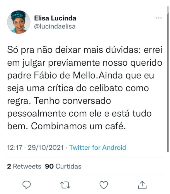 Elisa Lucinda admitiu: 'Errei em julgar nosso querido Padre Fábio de Melo'