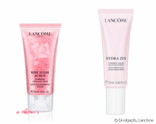 Lancôme lança três produtos da linha Pink Collection: o creme facial Hydra Zen Gel-Crème 15ml, o hidratante Hydra Zen Glow 15ml e o esfoliante Rose Sugar Scrub 50ml