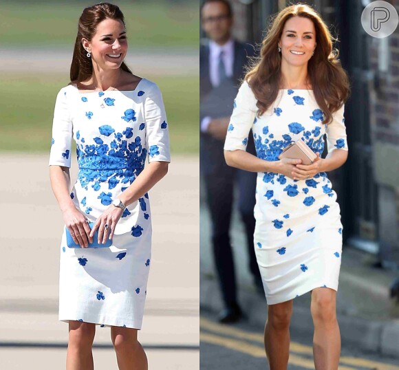 Kate Middleton repetiu vestido branco com detalhes florais azul