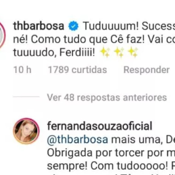 Fernanda Souza trocou mensagem carinhosa com o ex-marido, Thiaguinho