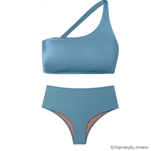 Top Biquíni Brilho Ombro Único, She, e Calcinha Hot Pant Brilhos, She