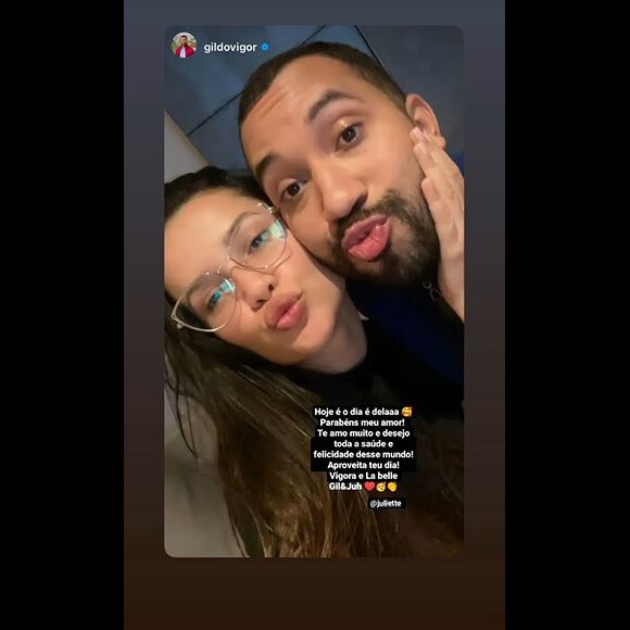 Juliette repostou mensagem de parabéns enviada por Gil do Vigor nas redes sociais