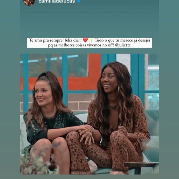 Camilla de Lucas deu a entender, na mensagem de parabéns, que ela e Juliette aprontaram muito logo que deixaram o 'BBB'