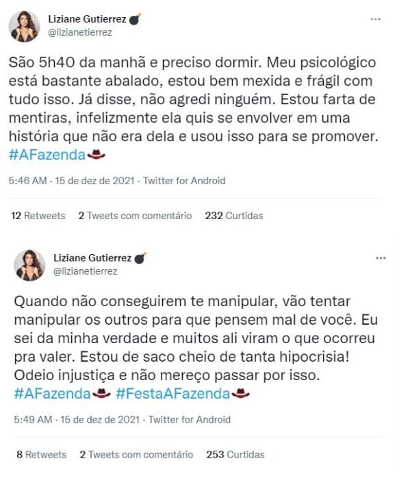 'A Fazenda 2021': Liziane Gutierrez se manifesta nas redes sociais após ser expulsa por agressão da festa do reality