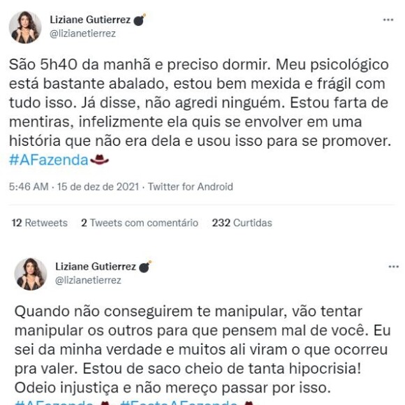 'A Fazenda 2021': Liziane Gutierrez se manifesta nas redes sociais após ser expulsa por agressão da festa do reality
