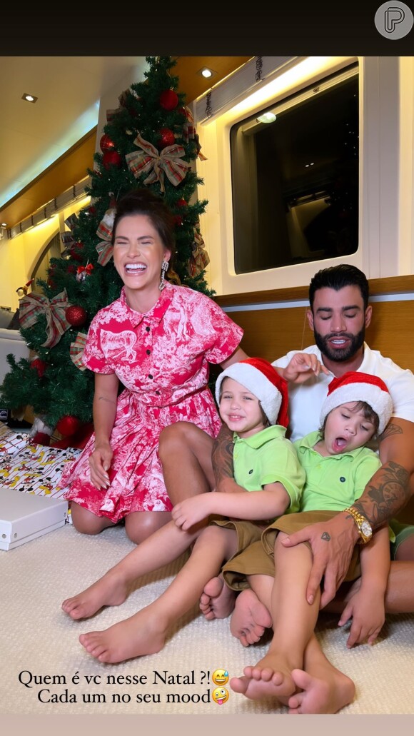 Andressa Suita e Gusttavo Lima posam com filhos em Natal familiar